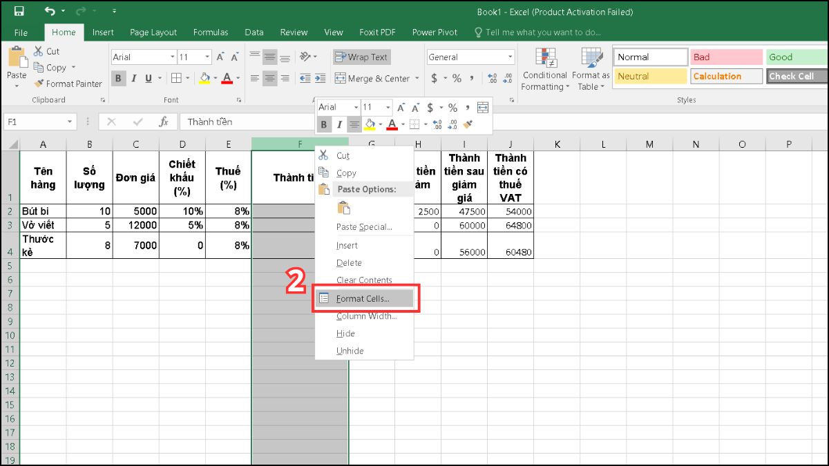 Định dạng thành tiền trong cách tính thành tiền trong excel Bước 2