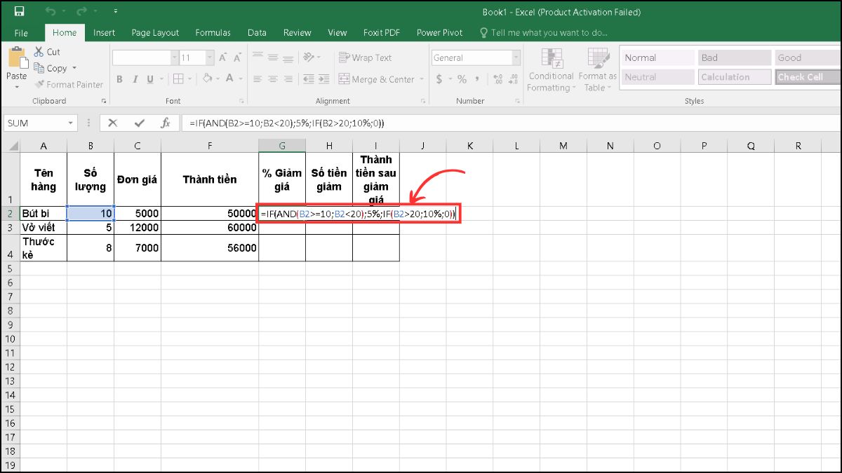 Cách tính thành tiền trong excel có giảm giá bước 1