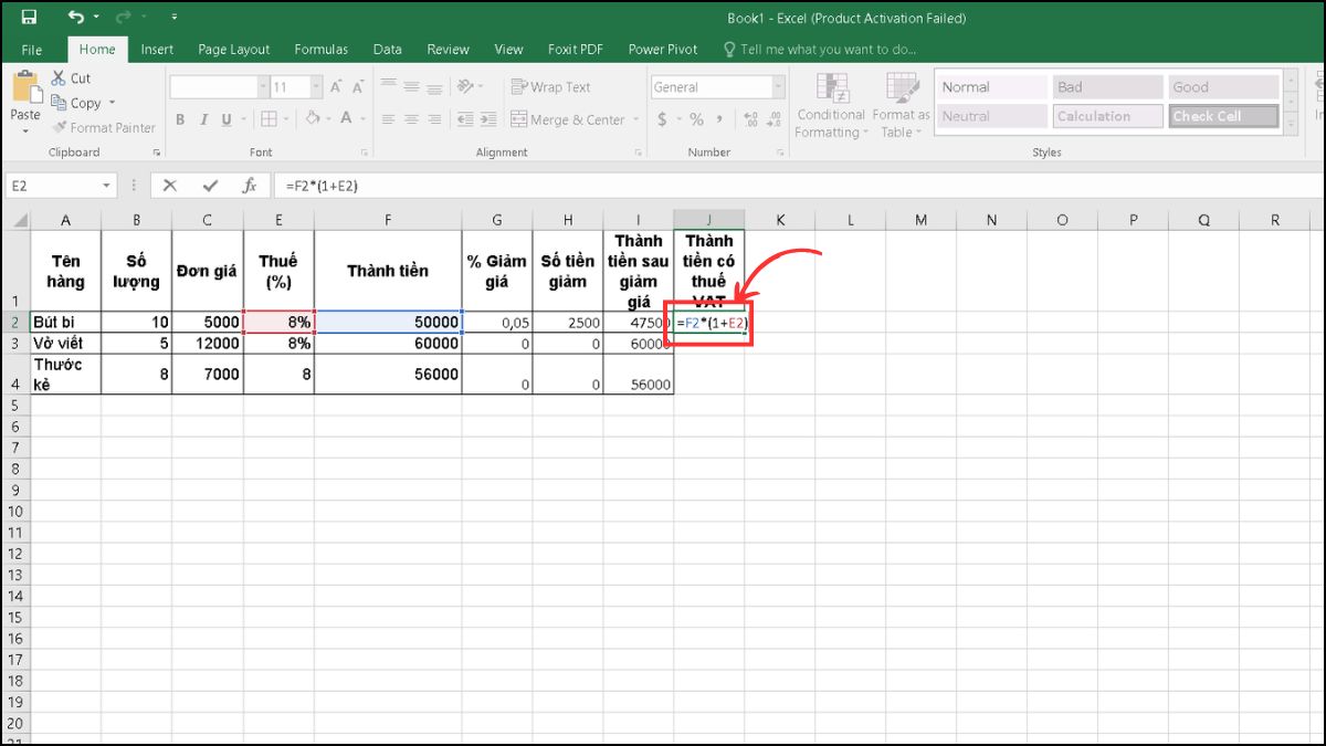 Cách tính thành tiền trong excel có thuế VAT