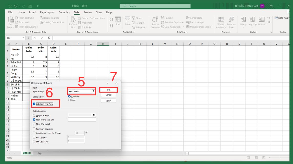 Thống kê mô tả trong Excel bằng Data Analysis ToolPak Bước 3