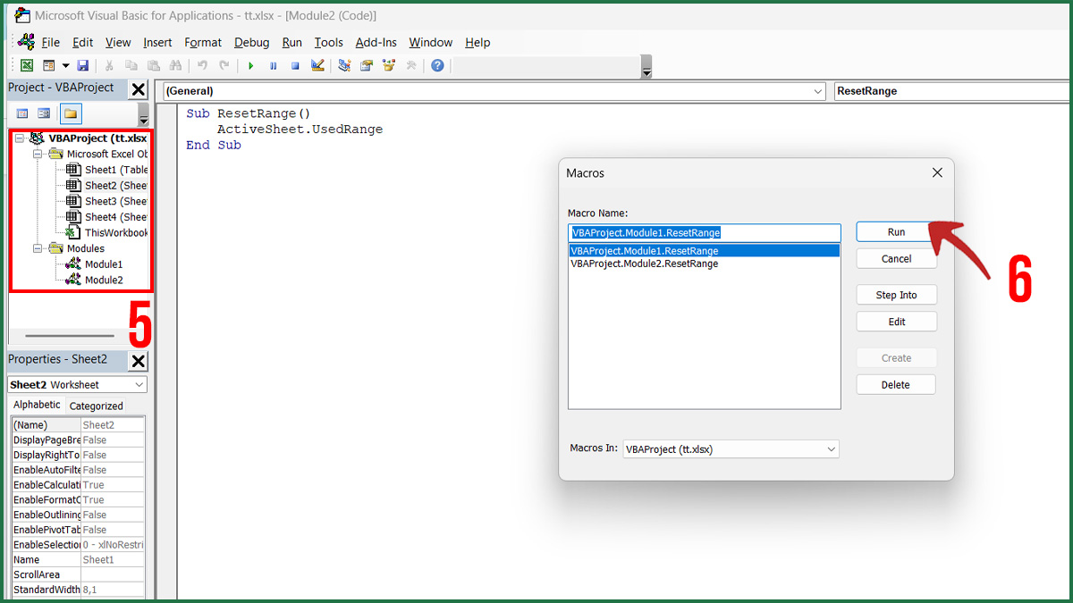 Sửa khi thanh cuộn trong Excel quá dài - reset vùng dữ liệu bước 3