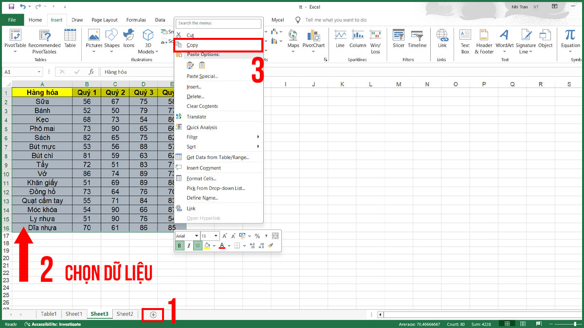 Sửa thanh cuộn trong Excel quá dài - Sao chép sang sheet mới bước 3