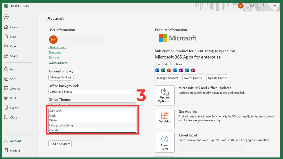 Cách thay đổi màu sắc giao diện mặc định trong Excel Bước 3