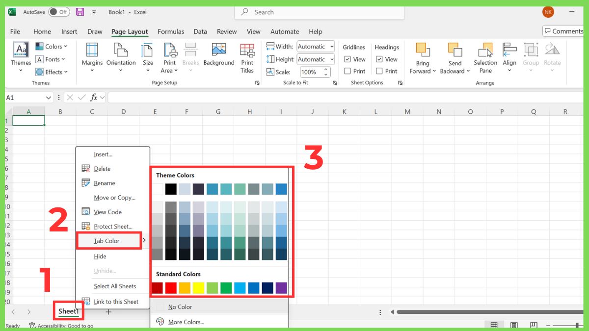 Cách đổi màu tab bảng tính (Worksheet Color) Cách 1