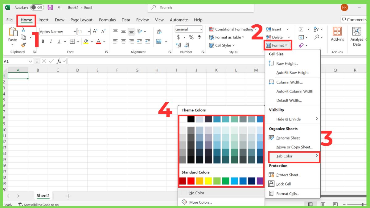 Cách đổi màu tab bảng tính (Worksheet Color) Cách 2