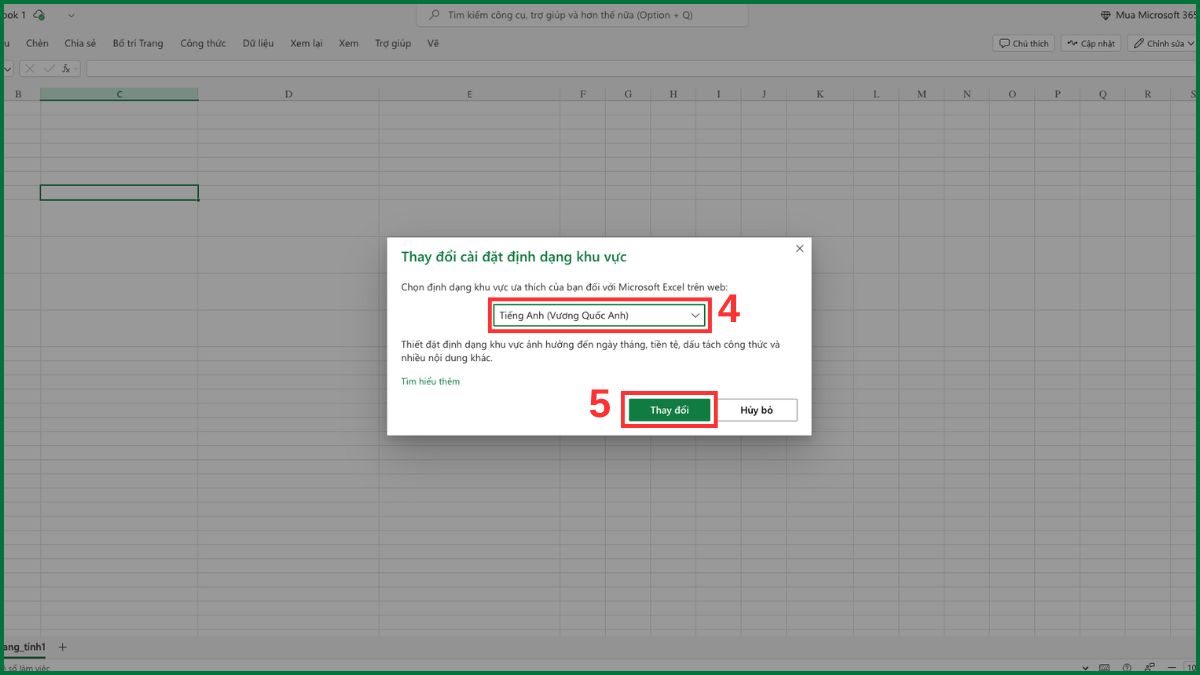 Cách thay đổi ngôn ngữ trong Excel Online Bước 2
