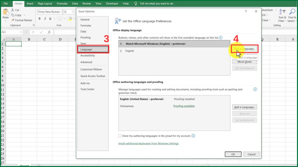 Cách thay đổi ngôn ngữ trong Excel Bước 3