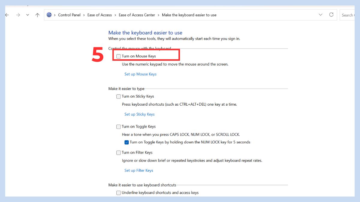Khắc phục lỗi không đánh được số trên bàn phím laptop Asus: Tắt tính năng Mouse Keys Bước 4
