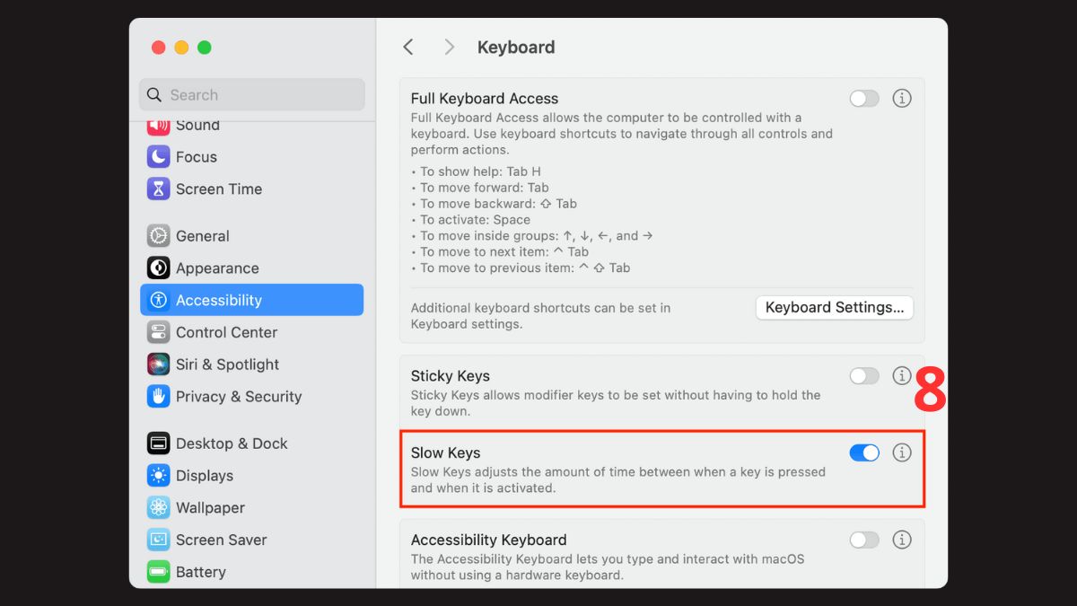 Sửa bàn phím MacBook bị liệt: Kiểm tra chế độ Mouse Keys Bước 5