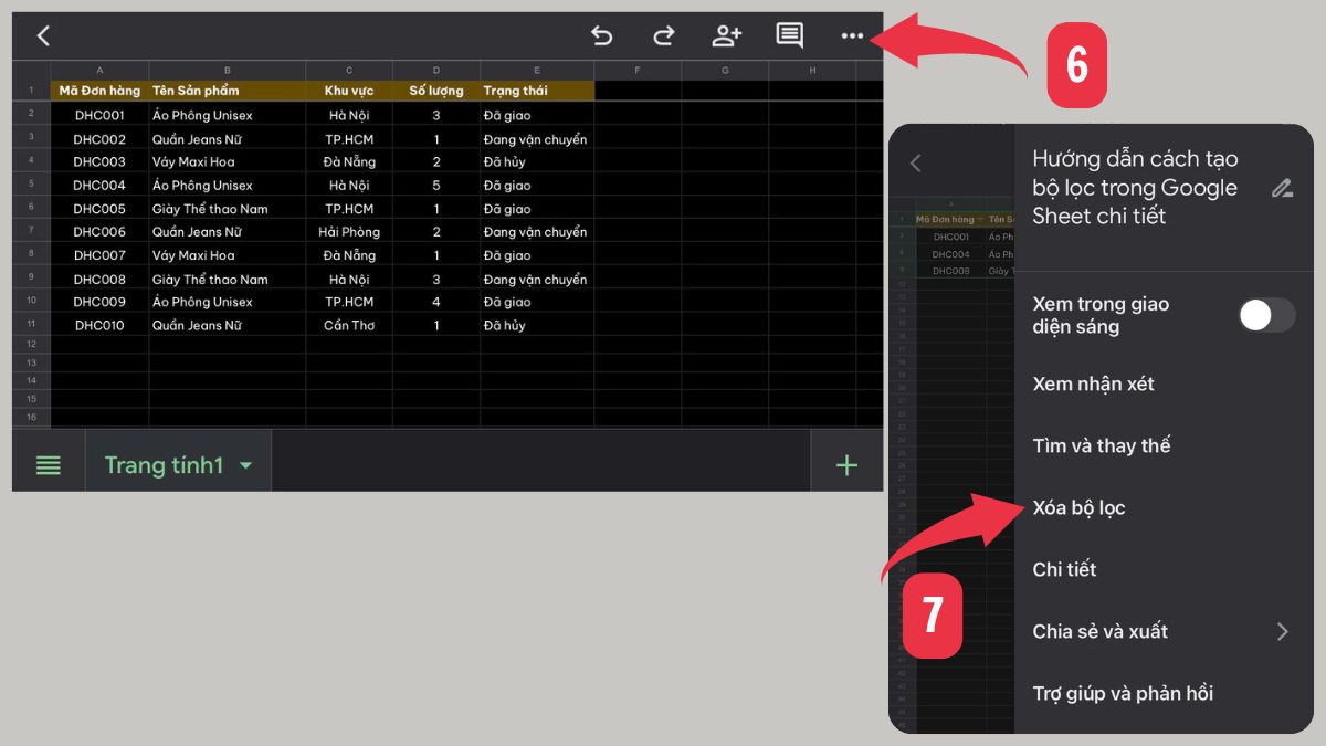 Cách tạo bộ lọc trong Google Sheet trên điện thoại Bước 5