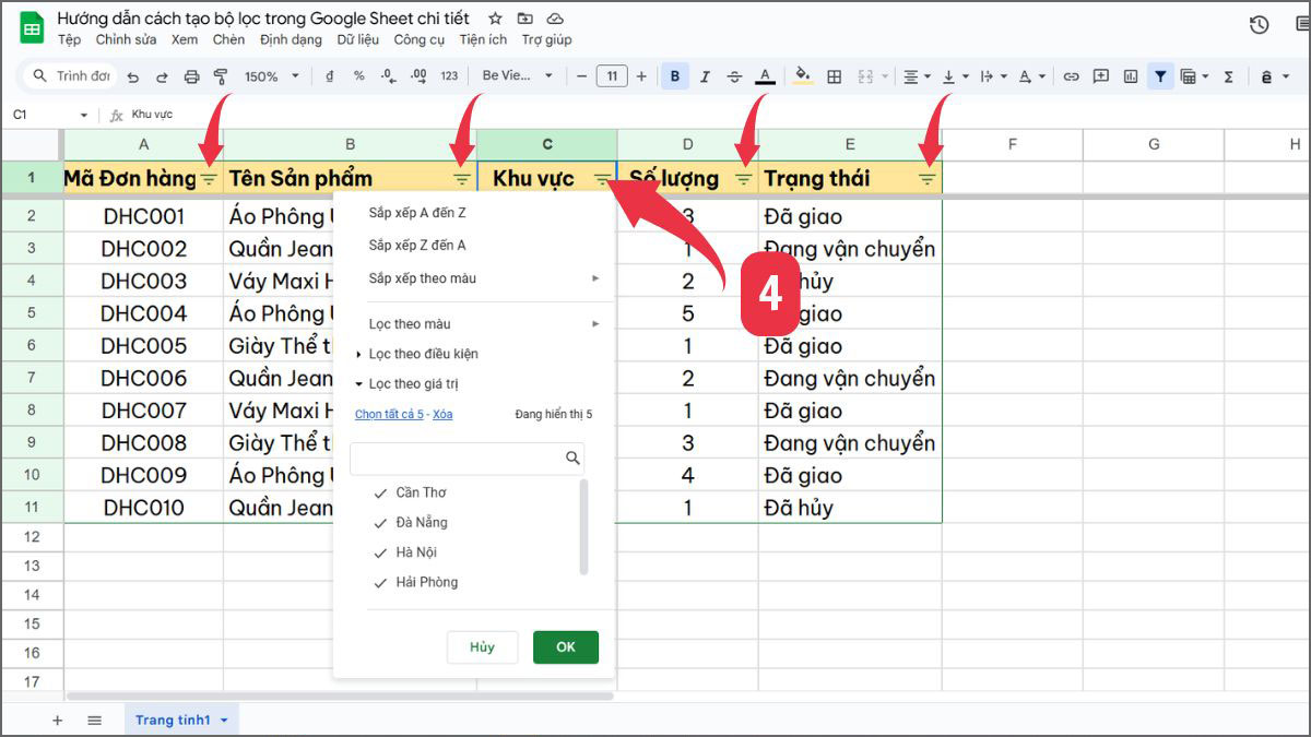 Cách tạo bộ lọc trong Google Sheet trên máy tính Bước 3