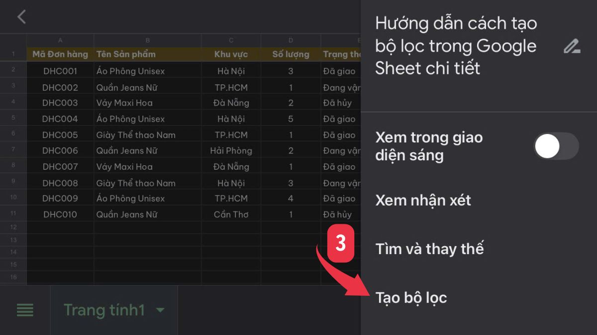 Cách tạo bộ lọc trong Google Sheet trên điện thoại Bước 3