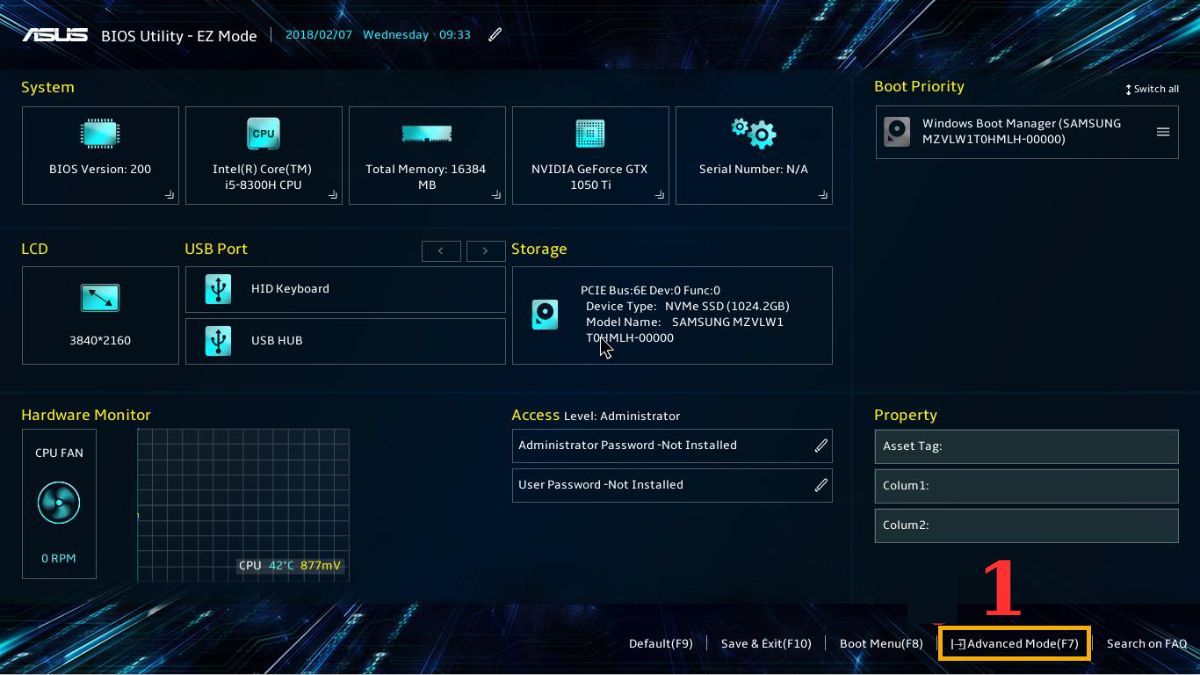 Cách bật TPM 2.0 trên main ASUS dùng CPU Intel Bước 1