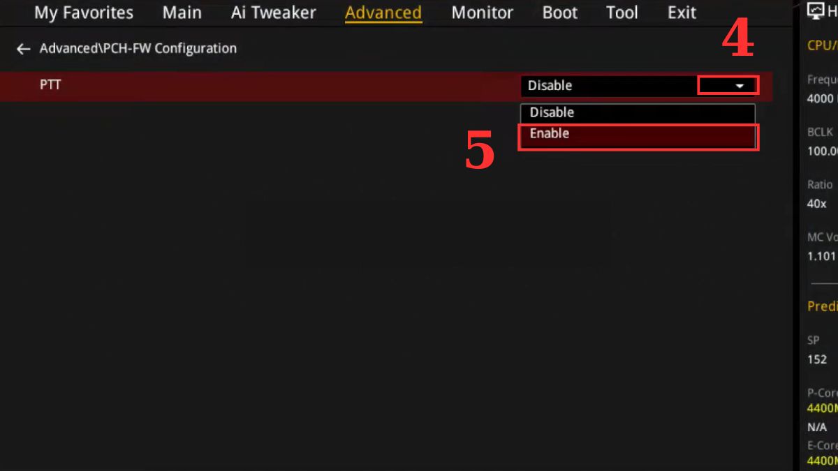 Cách bật TPM 2.0 trên main ASUS dùng CPU Intel Bước 3