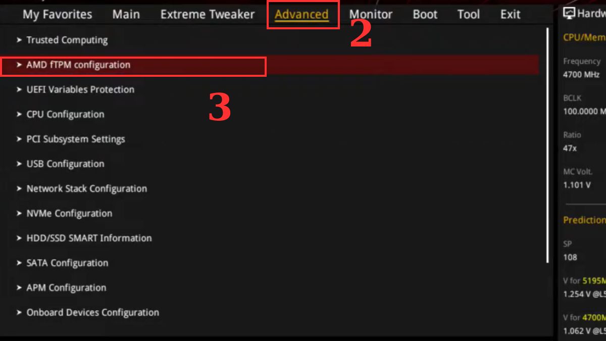 Cách bật TPM 2.0 trên main ASUS dùng CPU AMD Bước 2