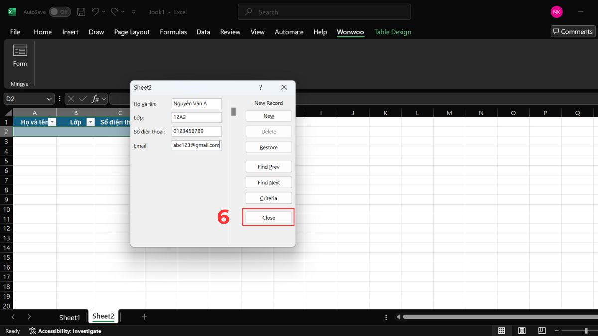 Cách nhập dữ liệu trong excel bằng form tự tạo Bước 3