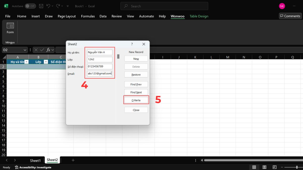 Cách nhập dữ liệu trong excel bằng form tự tạo Bước 2