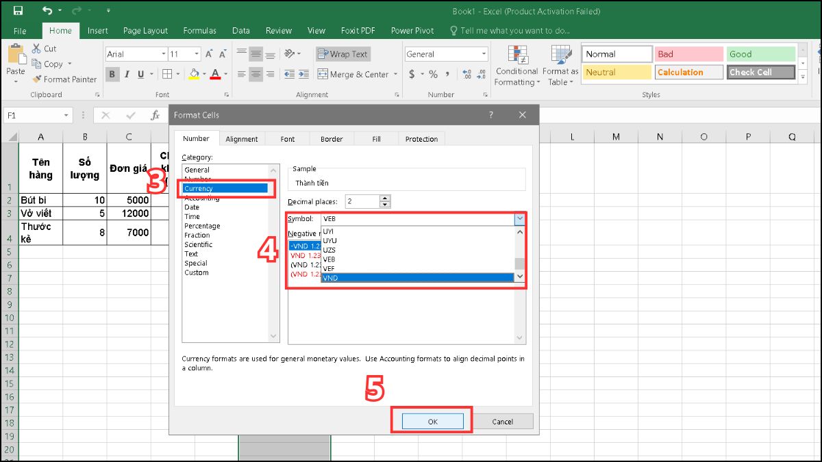  Định dạng thành tiền trong cách tính thành tiền trong excel Bước 3