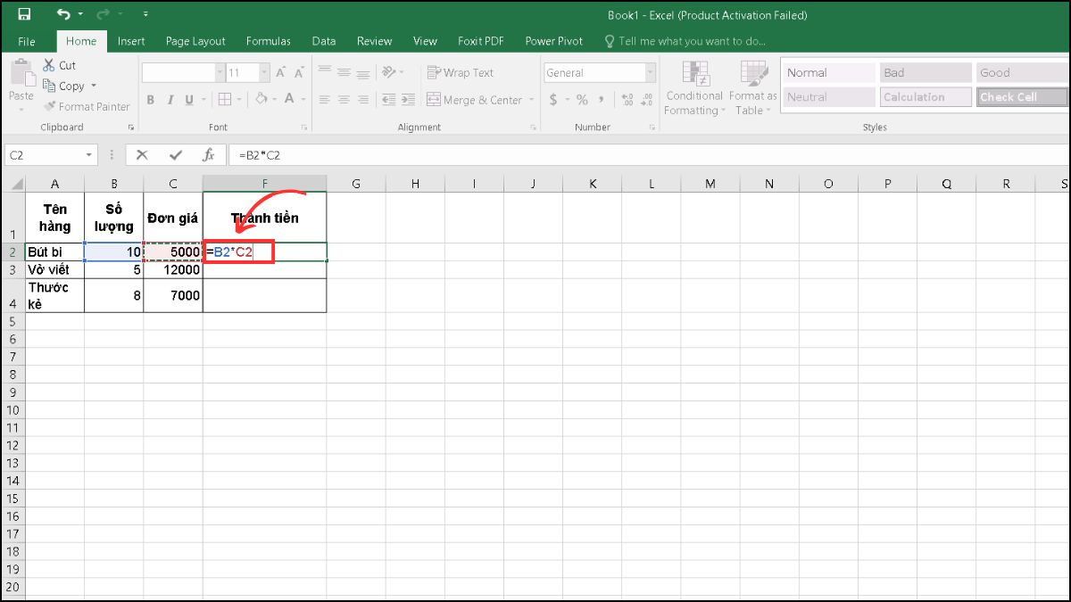 Công thức cách tính thành tiền trong Excel