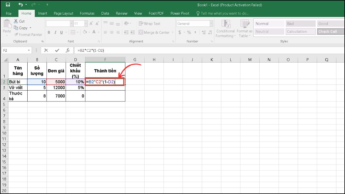 Cách tính thành tiền trong excel có chiết khấu phần trăm 
