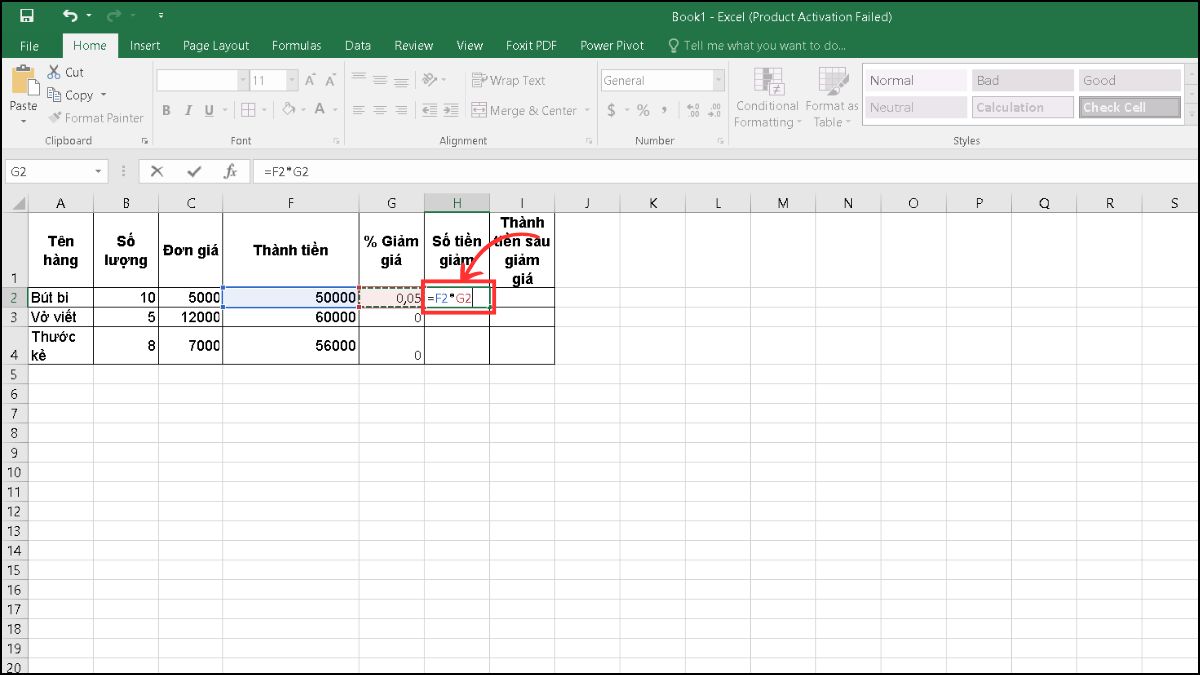 ách tính thành tiền trong excel có giảm giá bước 2