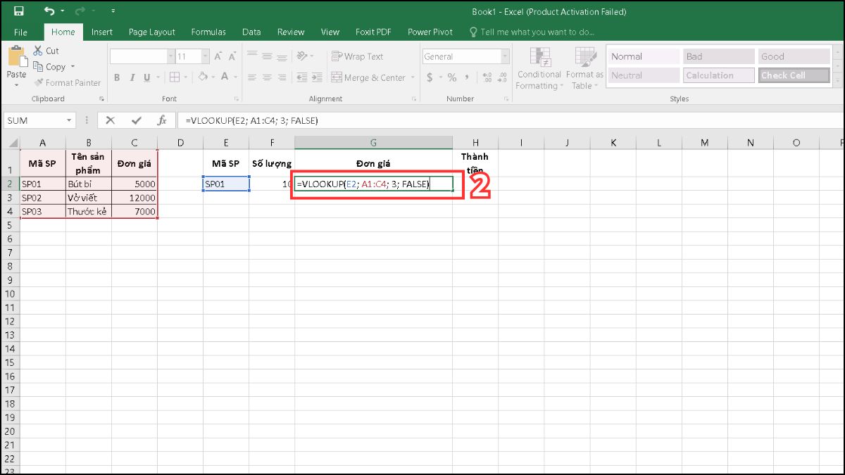  Cách tính thành tiền trong excel theo mã sản phẩm bằng hàm VLOOKUP Bước 2