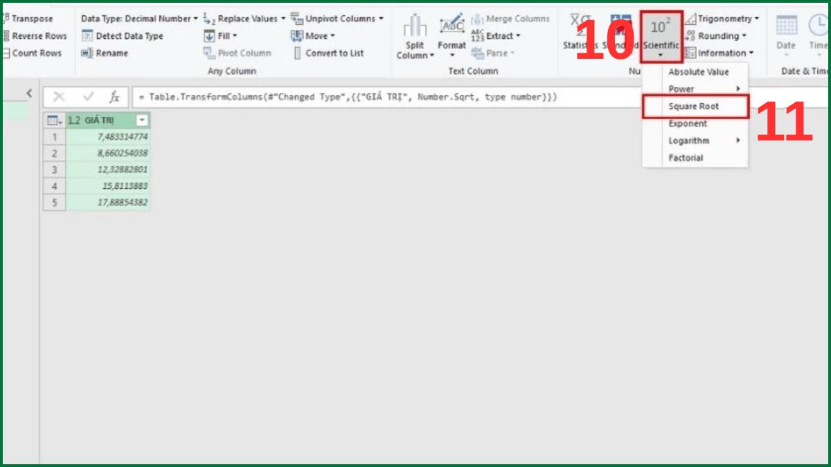 Cách tính căn bậc 2 trong Excel bằng Power Query bước 2c