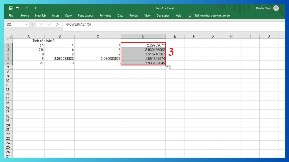 Cách tính căn bậc n trong Excel Bước 3