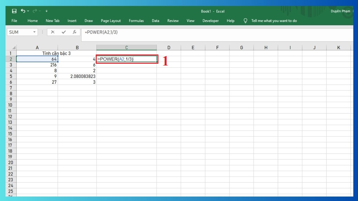 Dùng hàm POWER để tính căn bậc 3 trong excel Bước 1