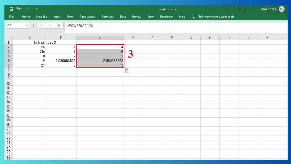 Dùng hàm POWER để tính căn bậc 3 trong excel Bước 3