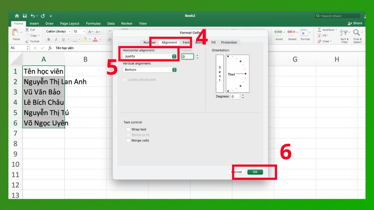 Canh đều trong excel hai bên bằng tính năng Justify Bước 3