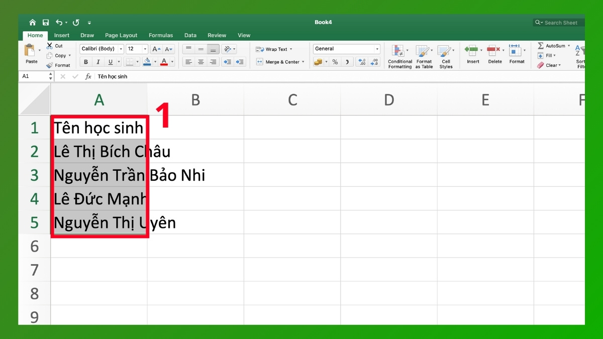 Canh đều trong excel bằng Wrap Text và Merge & Center Bước 1