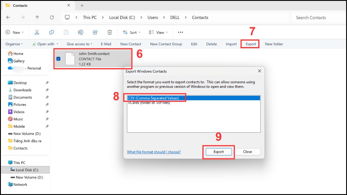 Chuyển file VCF sang Excel dùng Windows Contacts Bước 3