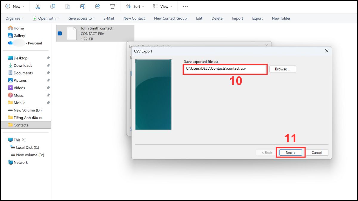 Chuyển file VCF sang Excel dùng Windows Contacts Bước 3