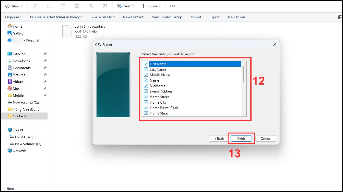 Chuyển file VCF sang Excel dùng Windows Contacts Bước 4