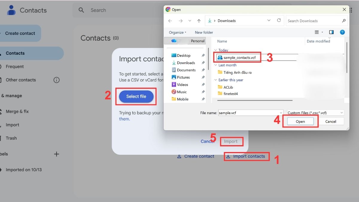 Chuyển file VCF sang Excel dùng Google Contacts Bước 1