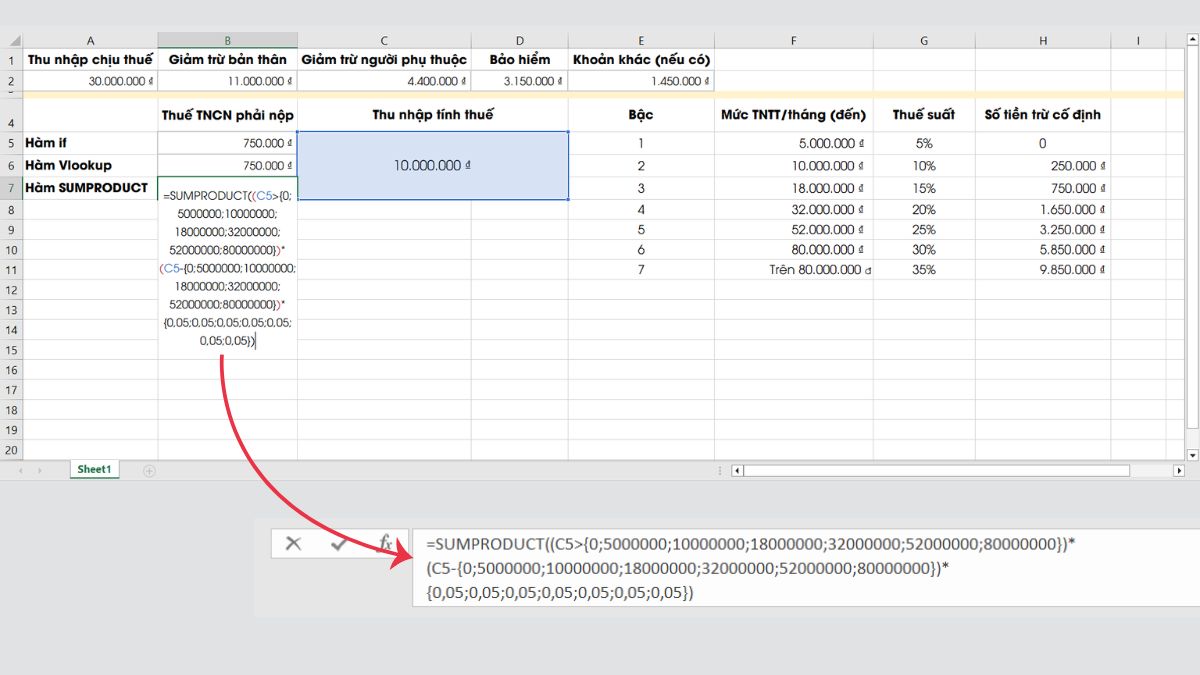 Công thức tính thuế TNCN bằng hàm SUMPRODUCT