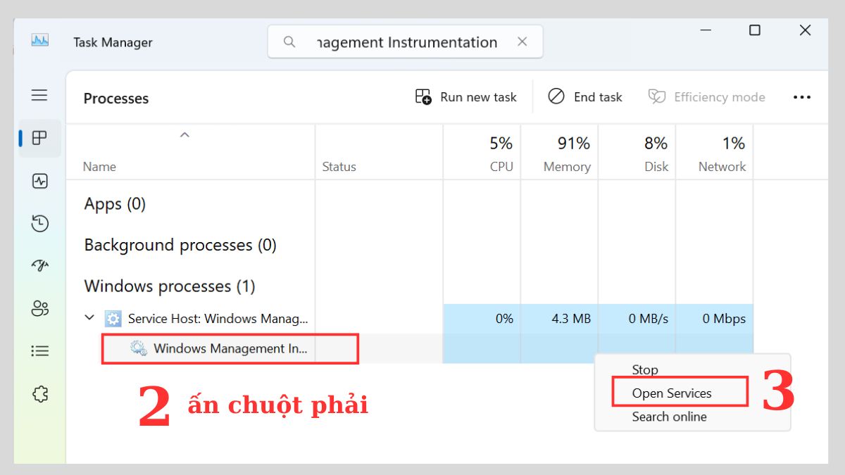 Sửa lỗi CPU 100% hiệu quả: khắc phục lỗi WMI Provider Host Bước 2