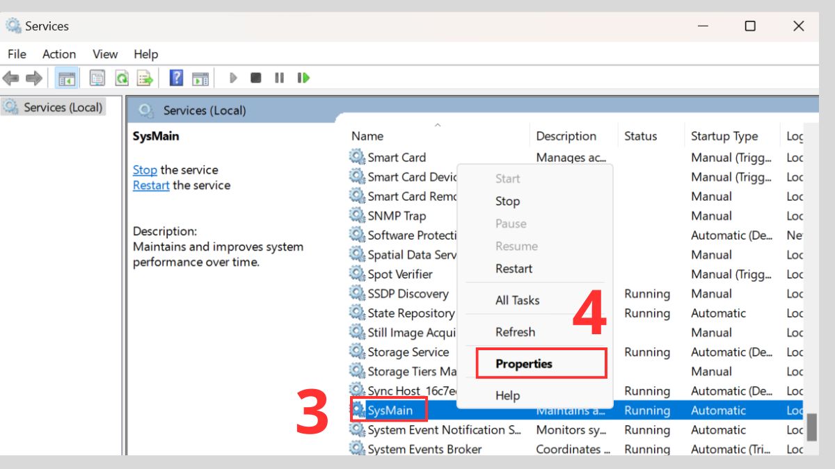 Sửa lỗi CPU 100% hiệu quả: Tắt SysMain Bước 3
