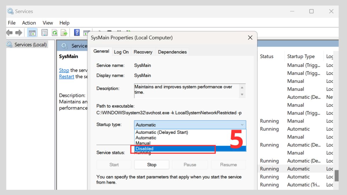Sửa lỗi CPU 100% hiệu quả: Tắt SysMain Bước 4