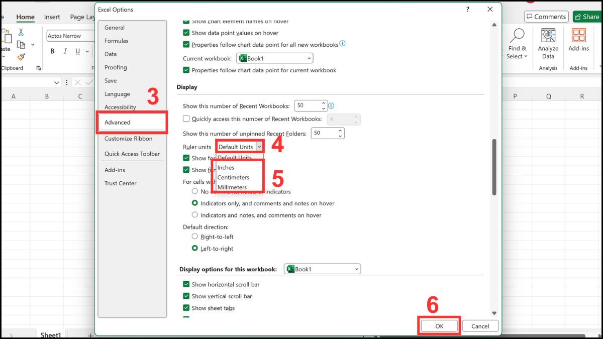 Cách đổi đơn vị trong Excel bằng thước đo Bước 3