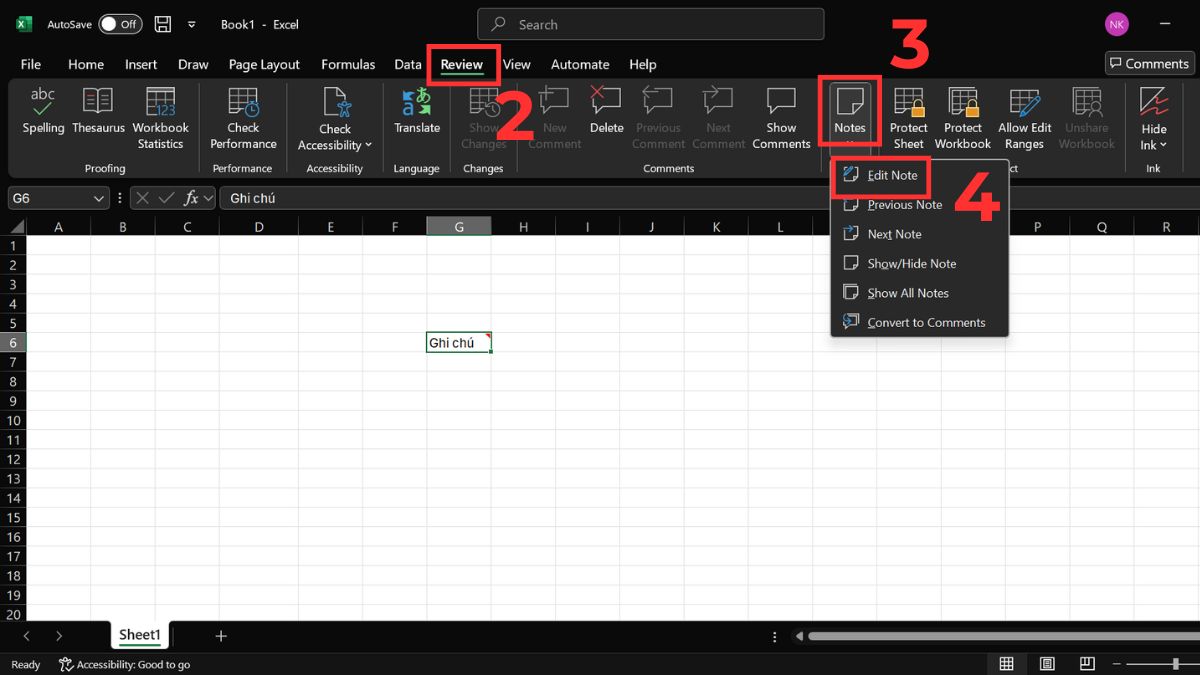 Cách chỉnh sửa ghi chú trong Excel bằng thanh Ribbon bước 2