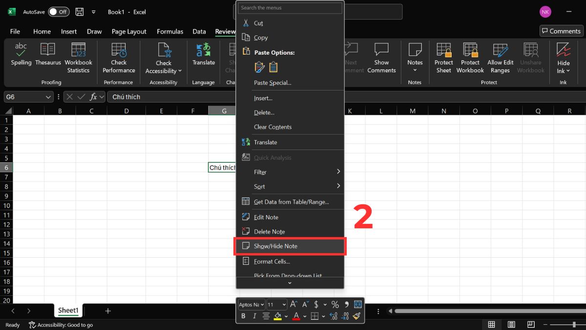 Cách ẩn và hiện ghi chú trong Excel bằng chuột bước 2