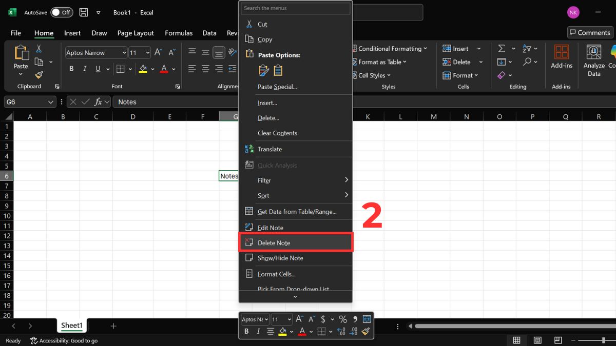 Cách xóa ghi chú trong Excel bằng chuột bước 2