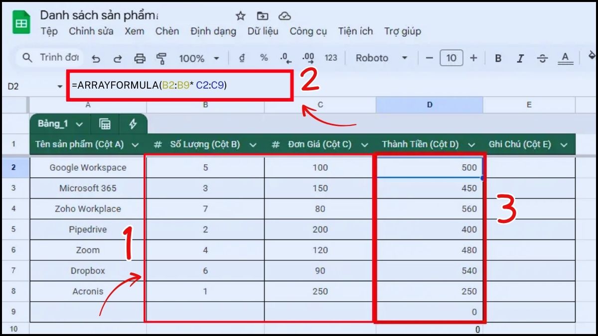 Hàm nhân trong Google Sheet: Dùng hàm ARRAYFORMULA() 