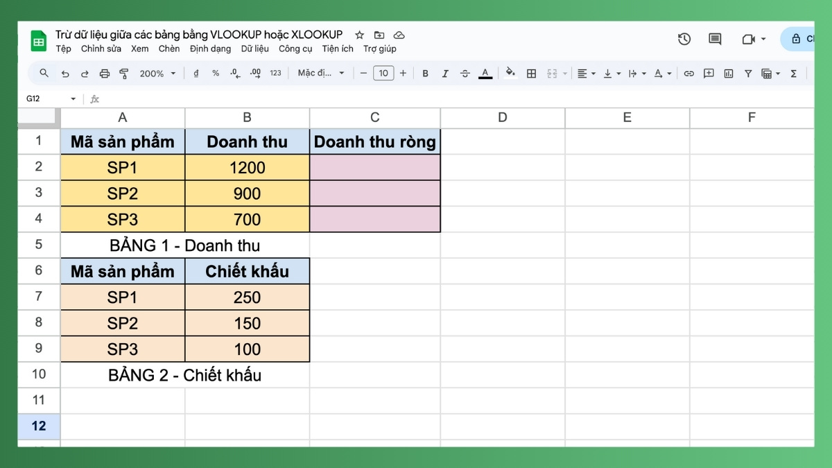 Hàm trừ trong Google Sheet kết hợp hàm VLOOKUP Bước 1