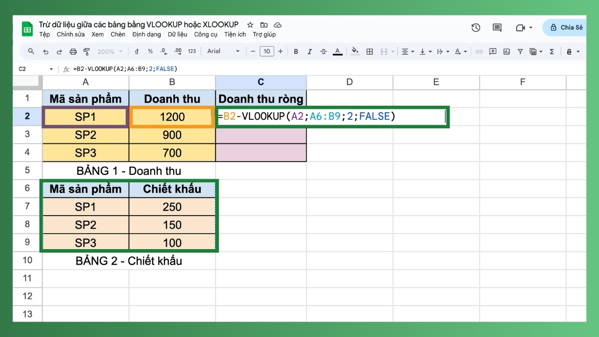 Hàm trừ trong Google Sheet kết hợp hàm VLOOKUP Bước 2
