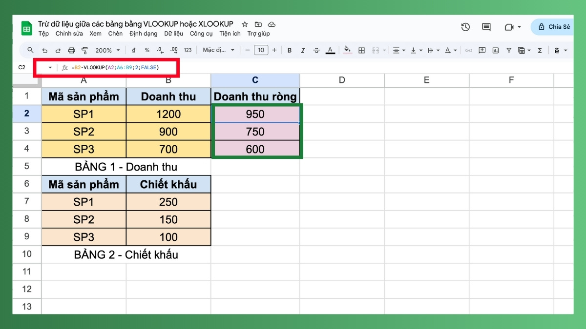 Hàm trừ trong Google Sheet kết hợp hàm VLOOKUP Bước 3