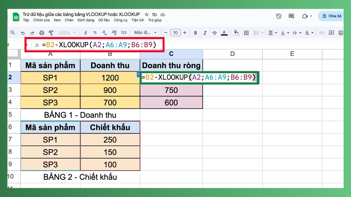 Hàm trừ trong Google Sheet kết hợp hàm VLOOKUP Bước 3