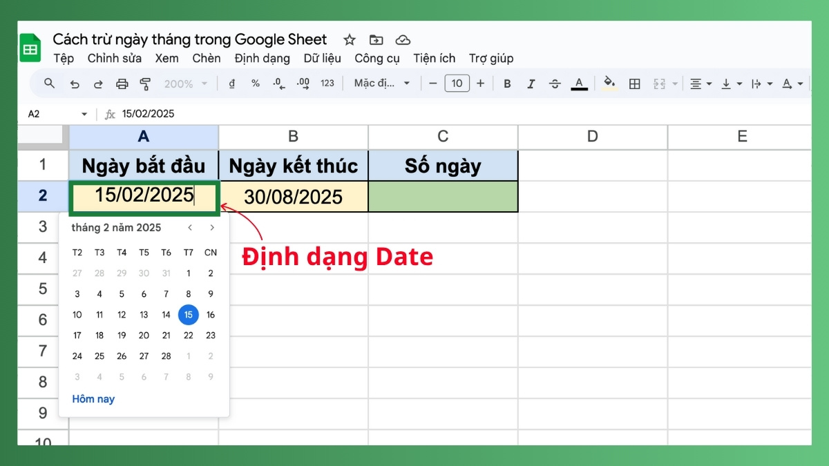 Hàm trừ ngày tháng trong Google Sheet Bước 1